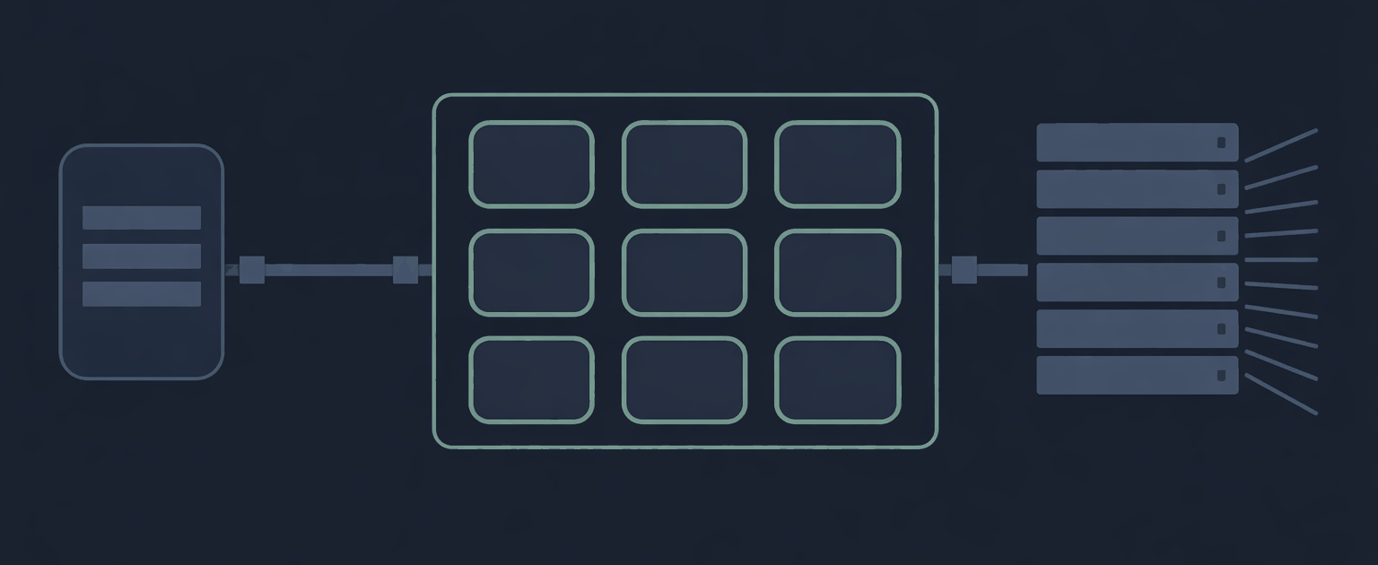 Schematic: one shared block of engine modules in the centre, connected on the
                  left to a single workstation and on the right to a stack of servers fanning out
                  to many users. The same engines, reached at two different scales.